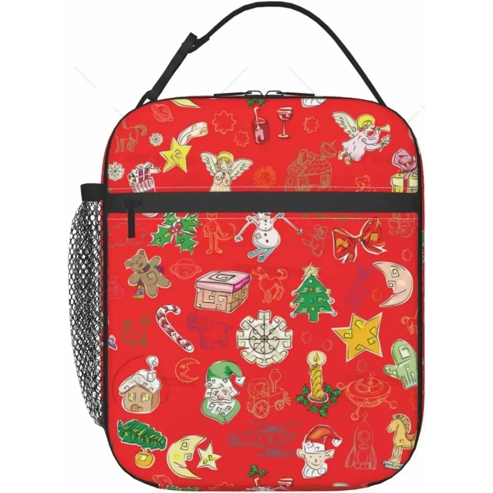 

Snowflake Snowman Portable Lunch Bag for Women Men Red Insulated Reusable Lunch Box Totes Large Capacity for Work Picnic Camping