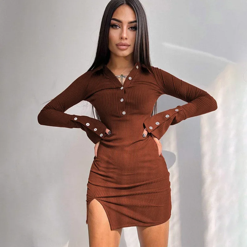 

Solid Knitted Ribbed Casual Mini Dress Women Elegant Flare Sleeve Single Breasted Side Slit Party Club Dresses Vestidos De Mujer