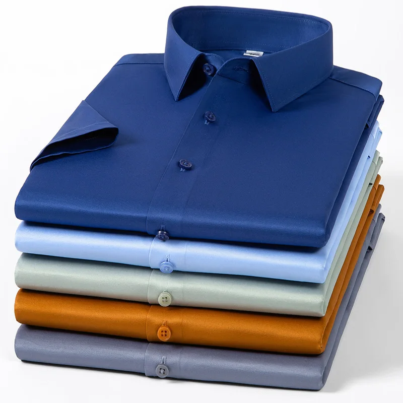 

Plus Size 5XL-S High Stretch Seamless Shirt Men Summer Short Sleeve Top Quality Slim Fit Casual Luxury Shirt Social Dress Shirt