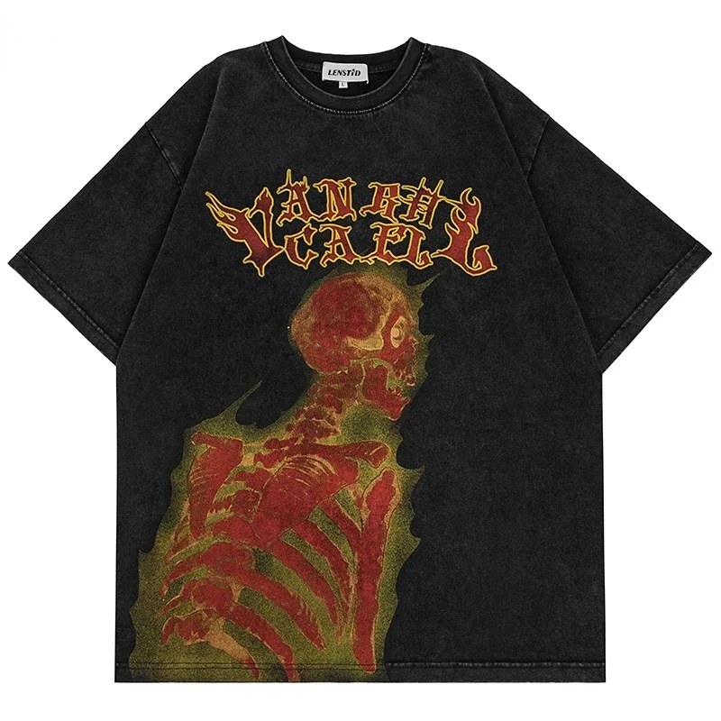 

Summer Men Washed Oversized Tshirts Hip Hop Skeleton Graphic T Shirts Punk Gothic Y2K Streetwear Harajuku Casual Cotton Top Tees