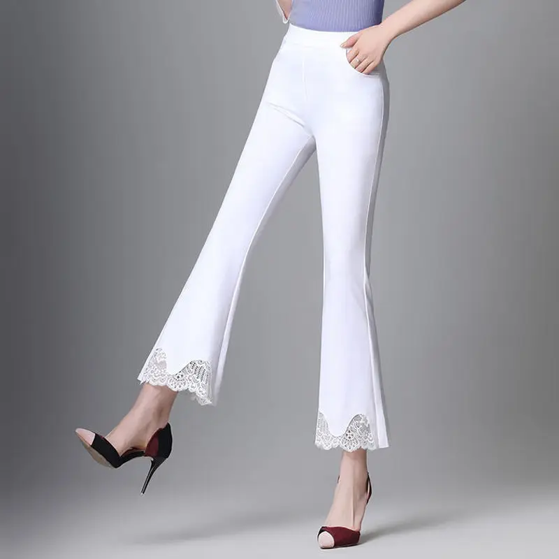 

2023 Spring Summe New Lace Hollow Out Split High Waist Straight Flare Pants Women Slim White Casual Ninth Trousers Fmeale A117