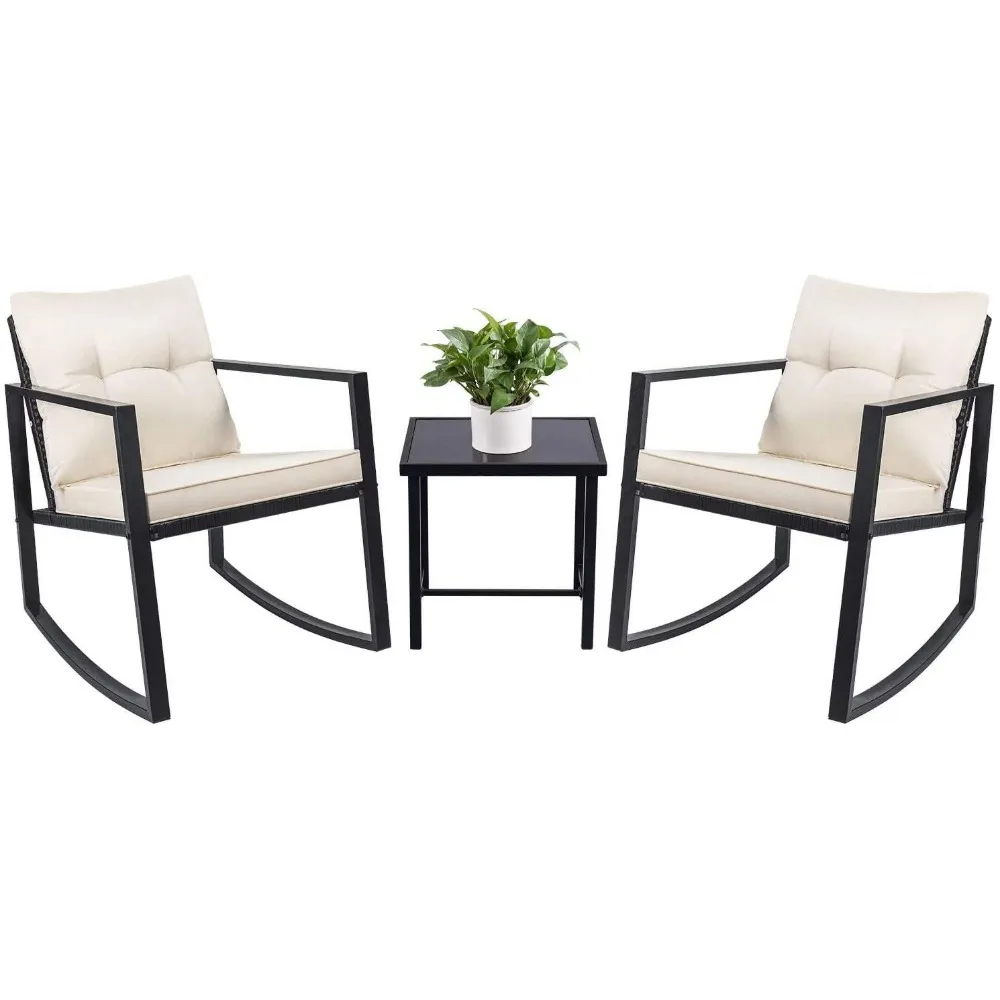 

Garden Furniture Sets, 3 Pieces Wicker Chair Sets, Cushioned PE Rattan Rocking Chairs with Glass Coffee Table,Outdoor Bistro Set