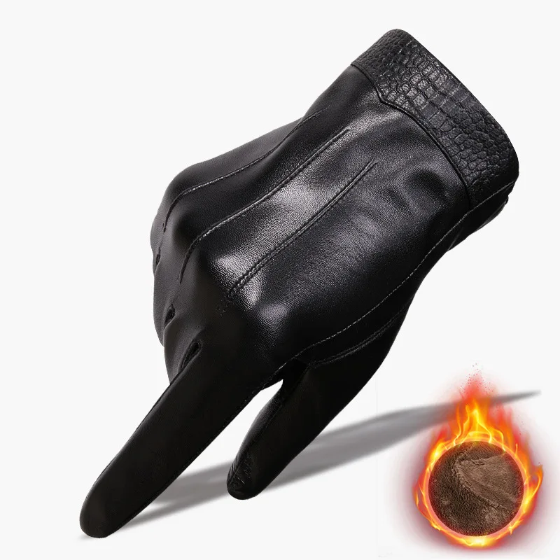 

Men's Sheepskin Gloves Velvet Lined Thickened Warmth Winter Cycling Motorcycle Mittens Touch Screen Genuine Leather