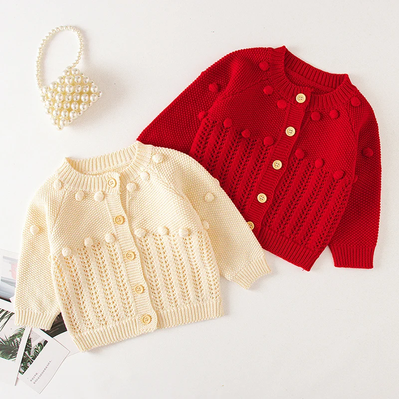 

Winter Spring Infant Baby Girl Knitting Cardigan Coat Long Sleeved Solid Color Hollowed Out Toddler Baby Girls Sweater Coat