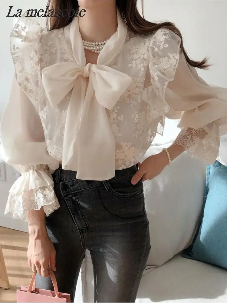 

Chiffon Shirts Women 2024 Spring New Fashion Korean Bow Lace Up V-neck Lace Splicing Blouse Flare Sleeve Loose Elegant Chic Tops
