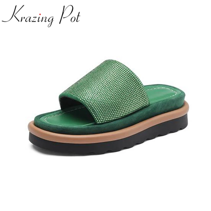 

Krazing Pot Sheep Leather Modern Daily Wear Mules Flip Flops Summer Peep Toe Flat Platform Slip On Women Outside Slippers Ins