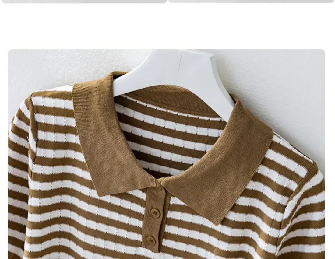 Fashion Women Short Sleeve Striped Knitted Polo Shirts Spring Summer All-match Tees Female Clothing New Pullover Bottoming Tops 46 Sfb8674860d54490da9c5cd8031feca0ei