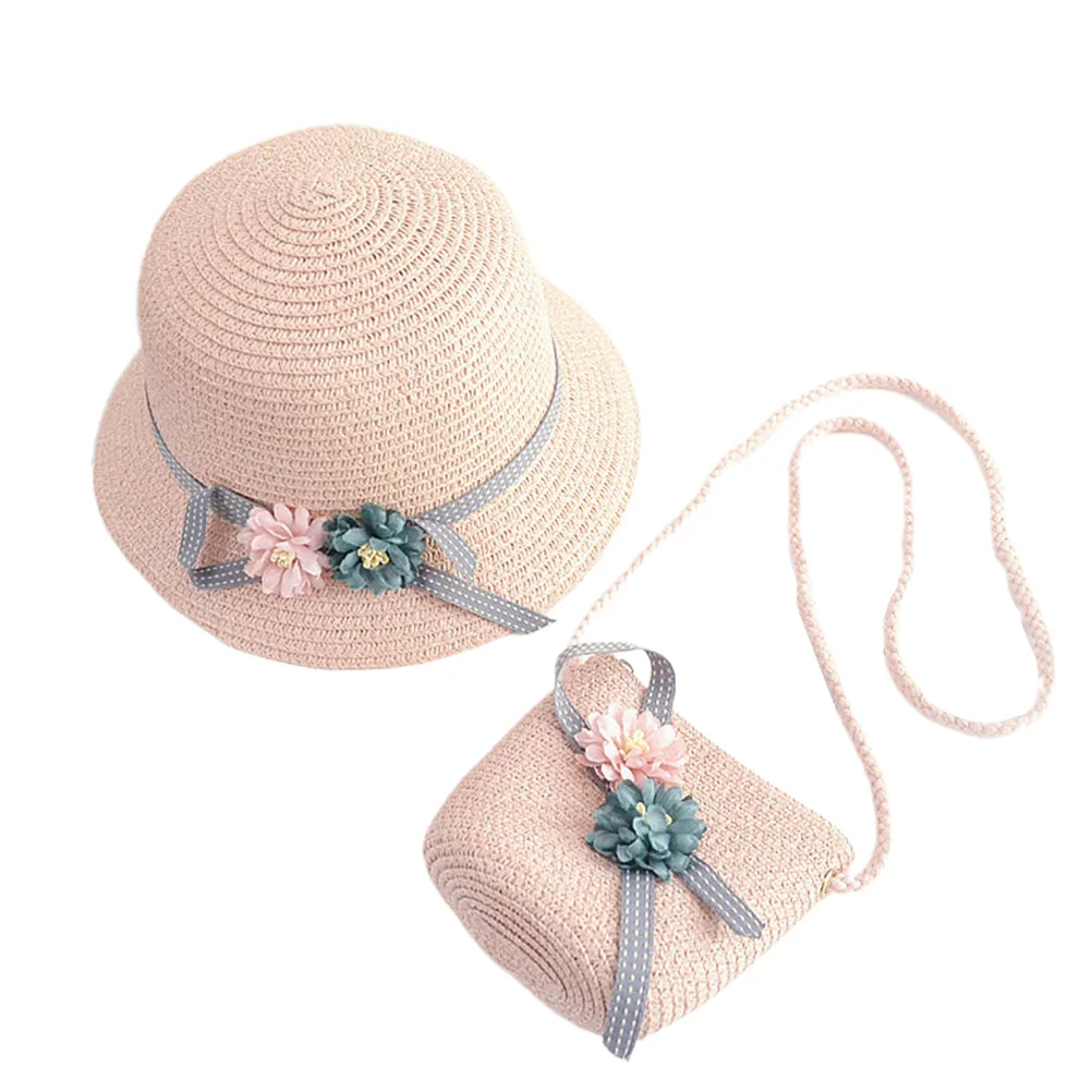 

1 Set of Easter Bonnets For Girls Beach Kit Adorable Straw Hat Crossbody Bag for Little Girls (Pink)