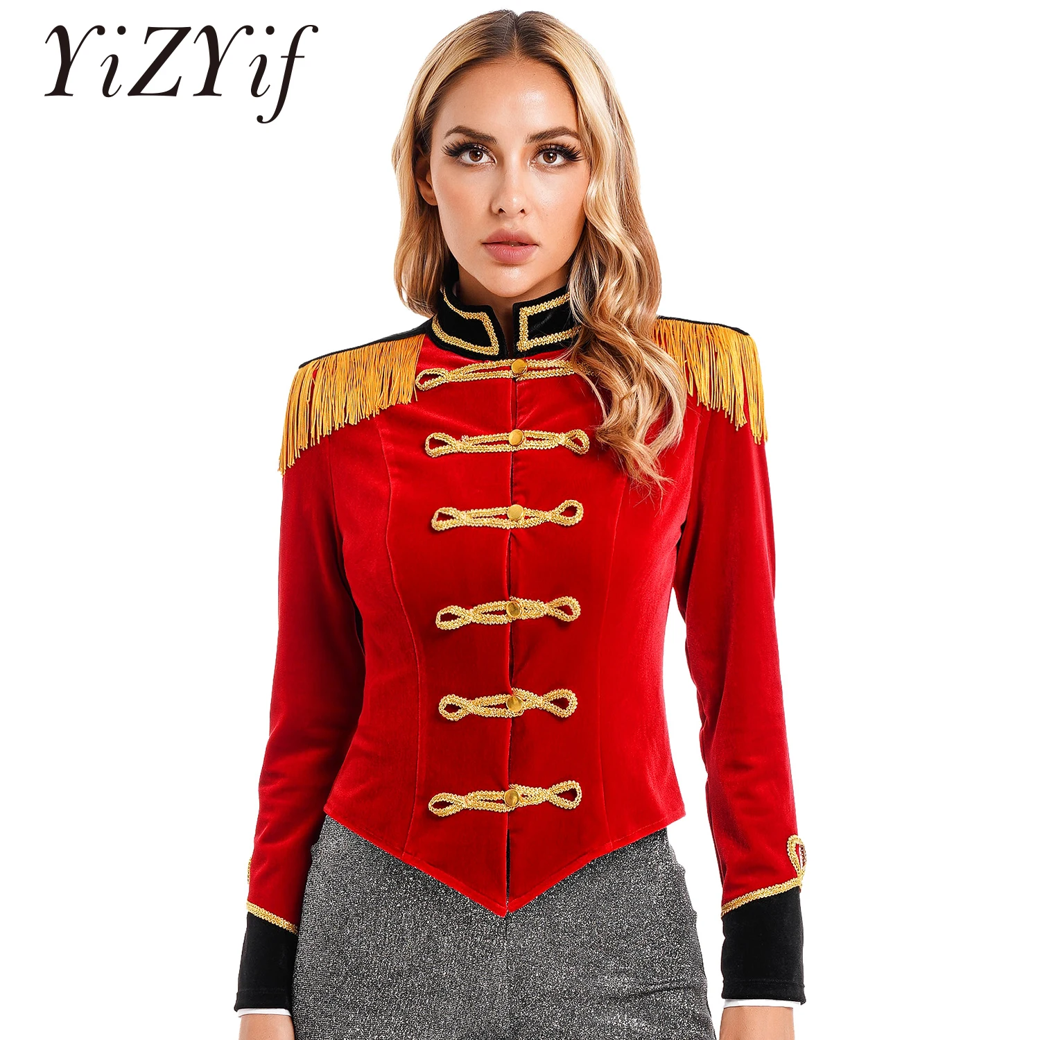 

Womens Circus Ringmaster Costume Long Sleeves Fringed Shoulder Board Velvet Tailcoat Jacket Coat Lion Tamer Fancy Cosplay Outfit