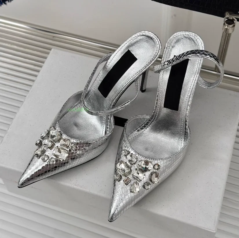 

Sexy Slingback Pointed Toe Rhinestone Pumps Women Dress Crystal Stiletto High Heel Luxury Sandals Lady Party Silver Shoes 2024