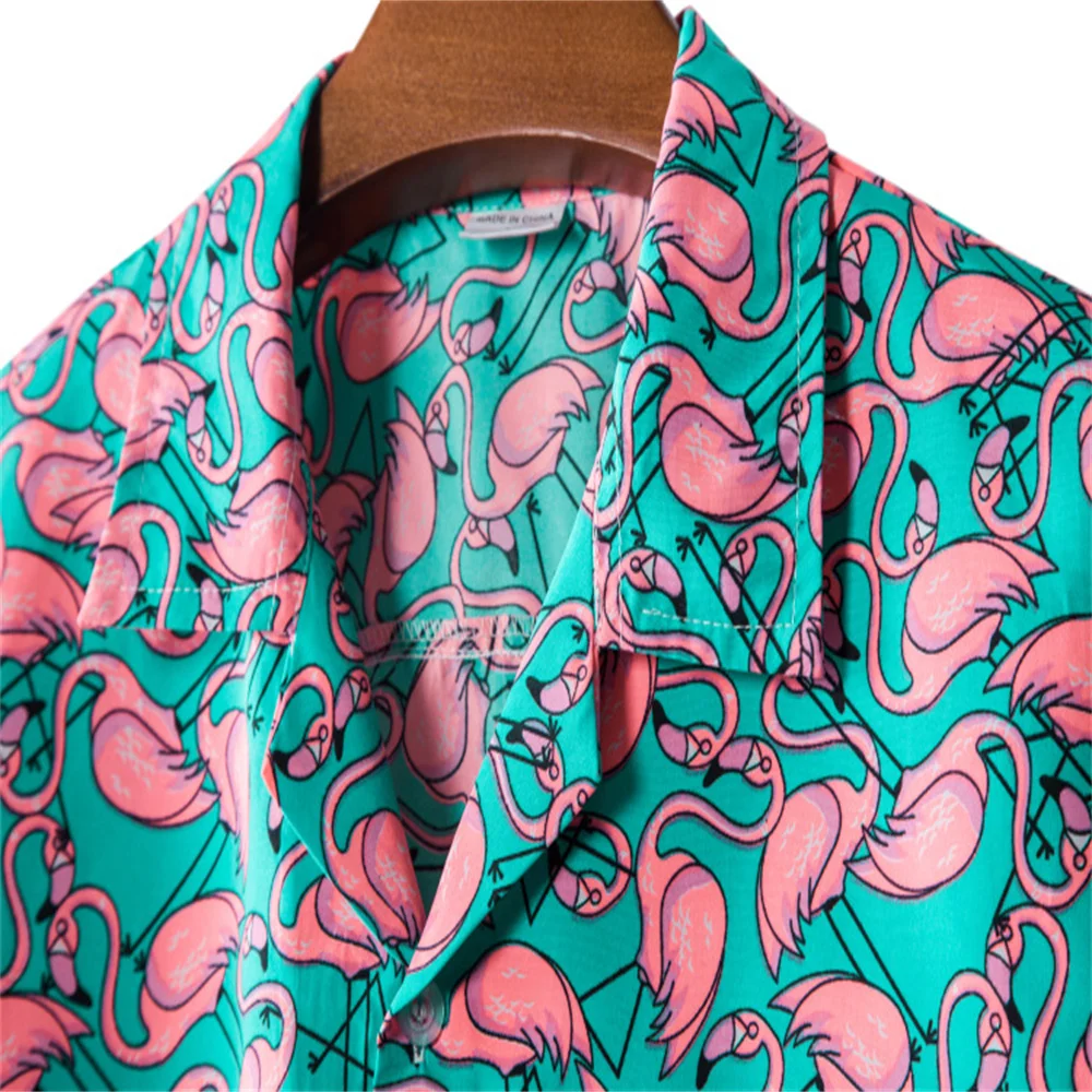 

Seaside Vacation Quick-drying Clothes Loose Floral Tops Hawaiian Flamingo Print Beach Shirts Men's Short-sleeved Casual Shirt