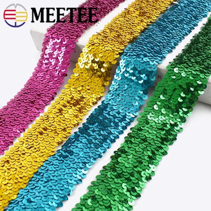 

2/5/10Meters 45mm Sequined Elastic Band Lace Trim Stretch Ribbon DIY Dance Dress Clothes Decoration Applique Sewing Accessories