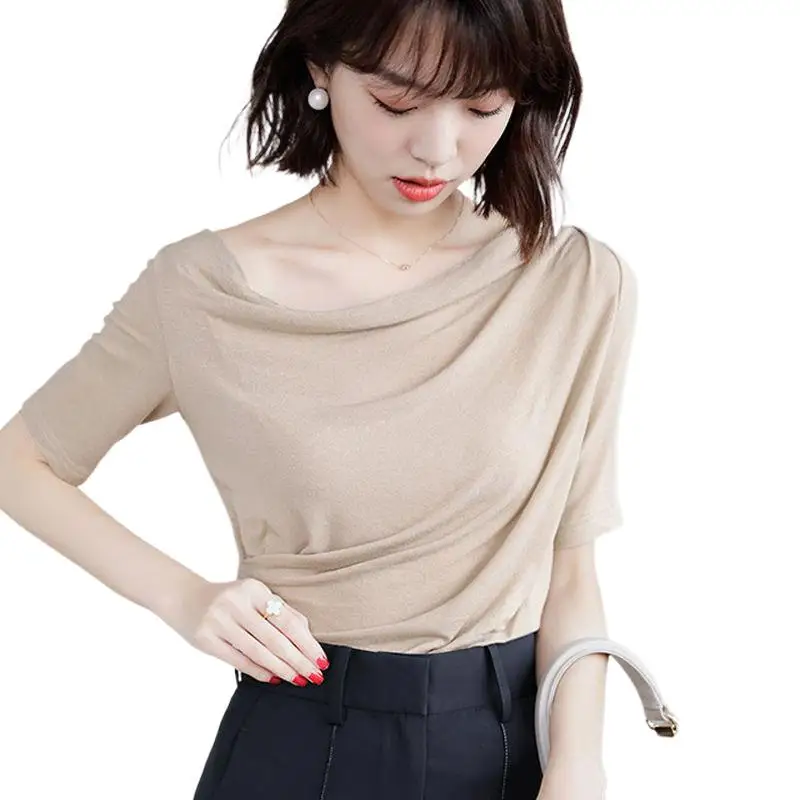 Women Summer Autumn Cotton T-shirt Half Sleevs Tees Ladies Asymmetrical Collar Solid Elegant Clothes Basic Tops
Women Summer Autumn Cotton T-shirt Half Sleevs Tees Ladies Asymmetrical Collar Solid Elegant Clothes Basic Tops