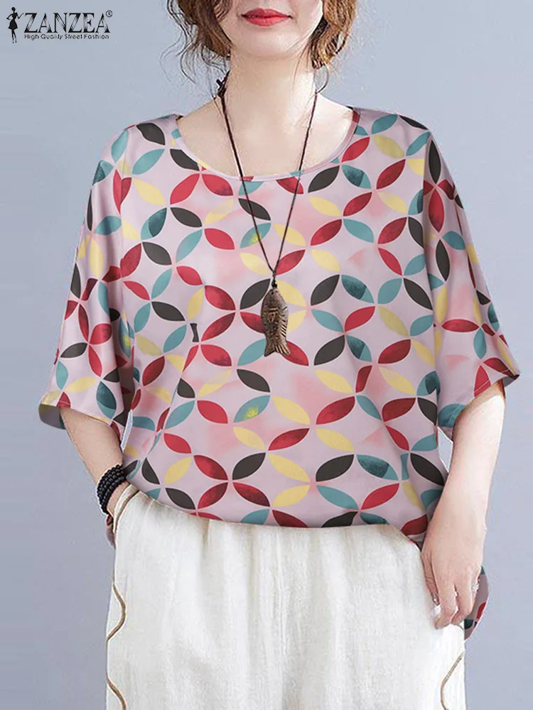 Блузка ZANZEA женская с принтом, повседневный Свободный Топ с коротким рукавом, с круглым вырезом, праздничная богемная туника, большие размеры, лето 2024 
Блузка ZANZEA женская с принтом, повседневный Свободный Топ с коротким рукавом, с круглым вырезом, праздничная богемная туника, большие размеры, лето 2024
