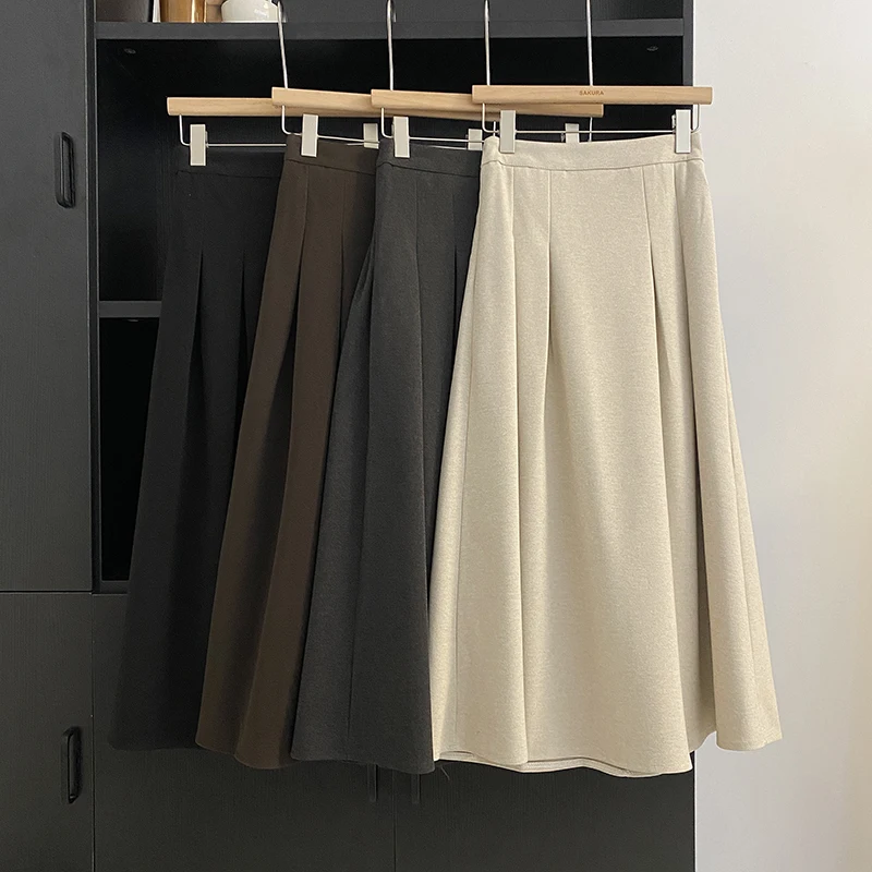

Midi Skirt Women Minimalist Solid High Waist Autumn A-line Faldas Largas Korean Style Folds Streetwear Side Zipper Dropshipping