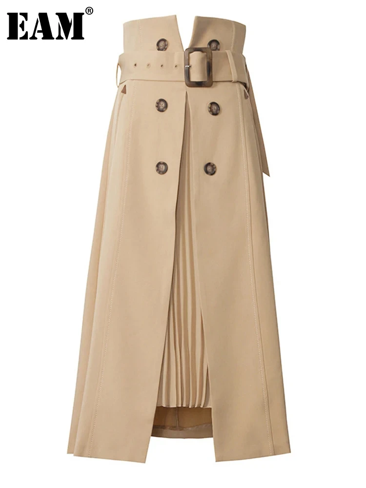 

[EAM] High Waist Khaki Double Breasted Belted Pleated Irregular Half-body Skirt Women Fashion New Spring Autumn 2024 1S46404