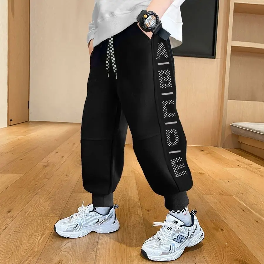

2023 Autumn Spring Boys Causal Sweatpants Loose Cuffed Side Letter Printing Drawstring Elastic Waist Sport School 5-12 Years Old