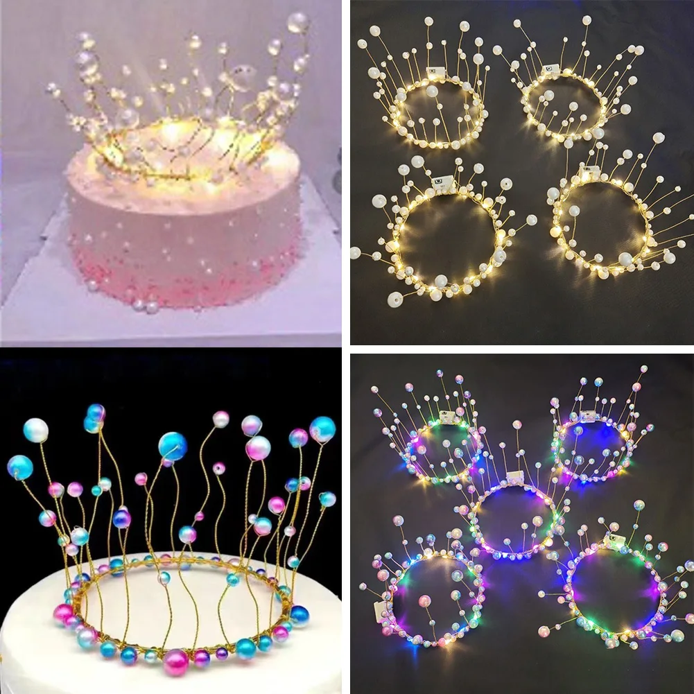 

1PC LED Lighting Pearl Cake Toppers Baby Happy Birthday Wedding Cupcakes Party Cake Flashing Decorating Tool 2023