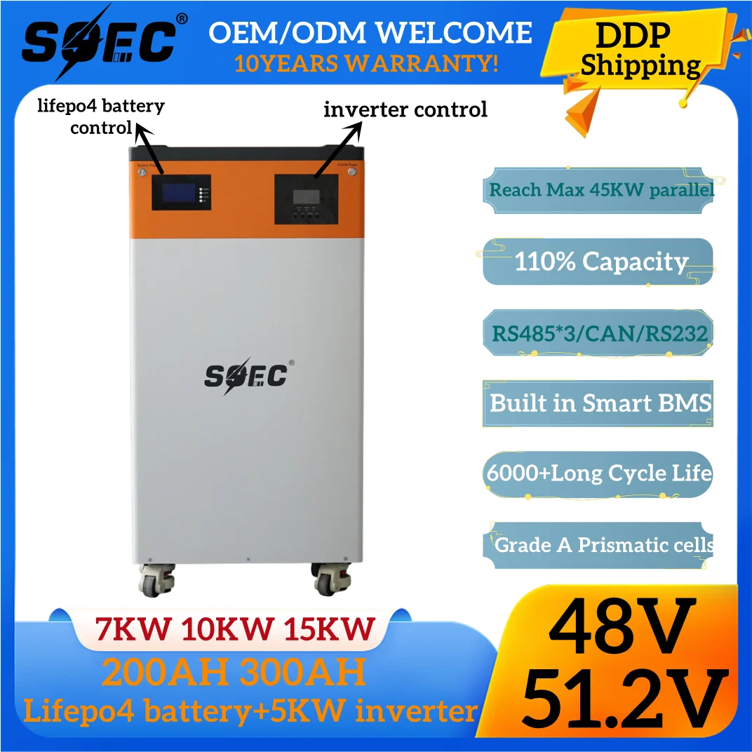 

SOEC Powerwall 15KW 10KW Home Lifepo4 Battery 48V 51.2V 300ah 200ah with 5KW Inverter BMS WiFi RS485 CAN for Solar Energy System