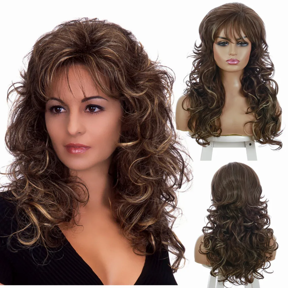 

Long Curly Synthetic Hair Wigs for Women 4 Colors Europe and America Popular Fashion Blonde Brown Black Natural Wavy Headgear