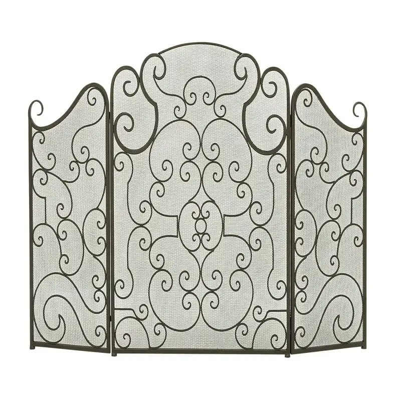 

Traditional Metal 3 Panel Foldable Fireplace Screen with Mesh Netting and Scroll Pattens, 52"W x 35"H