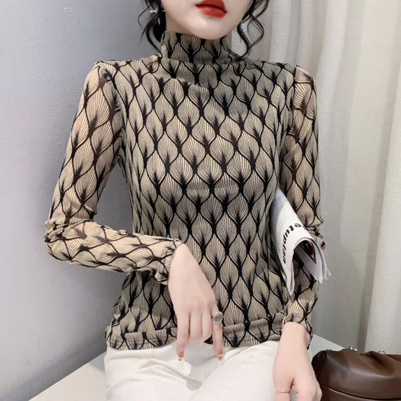 New Turtleneck T Shirt Women Vintage Tight Elasitc Mesh Printed T Shirt Female Slim Plush Sexy Women's T-shirt Spring Autumn
New Turtleneck T Shirt Women Vintage Tight Elasitc Mesh Printed T Shirt Female Slim Plush Sexy Women's T-shirt Spring Autumn