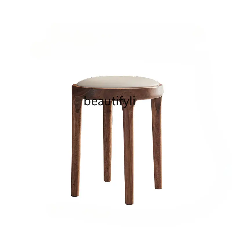 

North America Black Walnut Wooden Makeup Table Stool Italian Solid Wood Cosmetic Chair Shoe Changing Stool Small round Stool