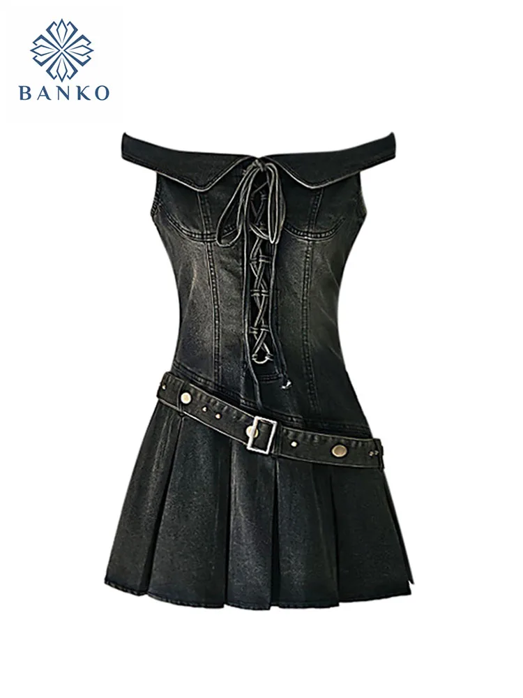 Elegant Fashion Denim Dress Hot Spring Summer Slash Neck Prom Gown With Belt Off Shoulder Sleeveless A-Line Dress Hiphop Gothic
Elegant Fashion Denim Dress Hot Spring Summer Slash Neck Prom Gown With Belt Off Shoulder Sleeveless A-Line Dress Hiphop Gothic