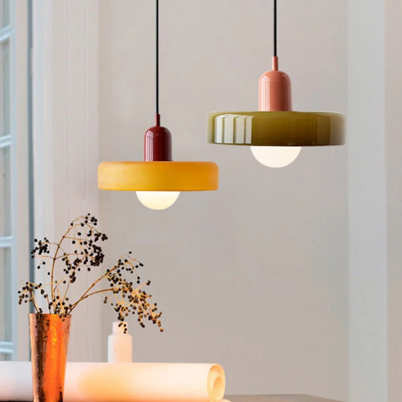 

Canteen Nordic Modern Simple Color Makaron Bedroom Bedside Bar Table Middle Ancient Small Glass Chandelier Pendant Lamp