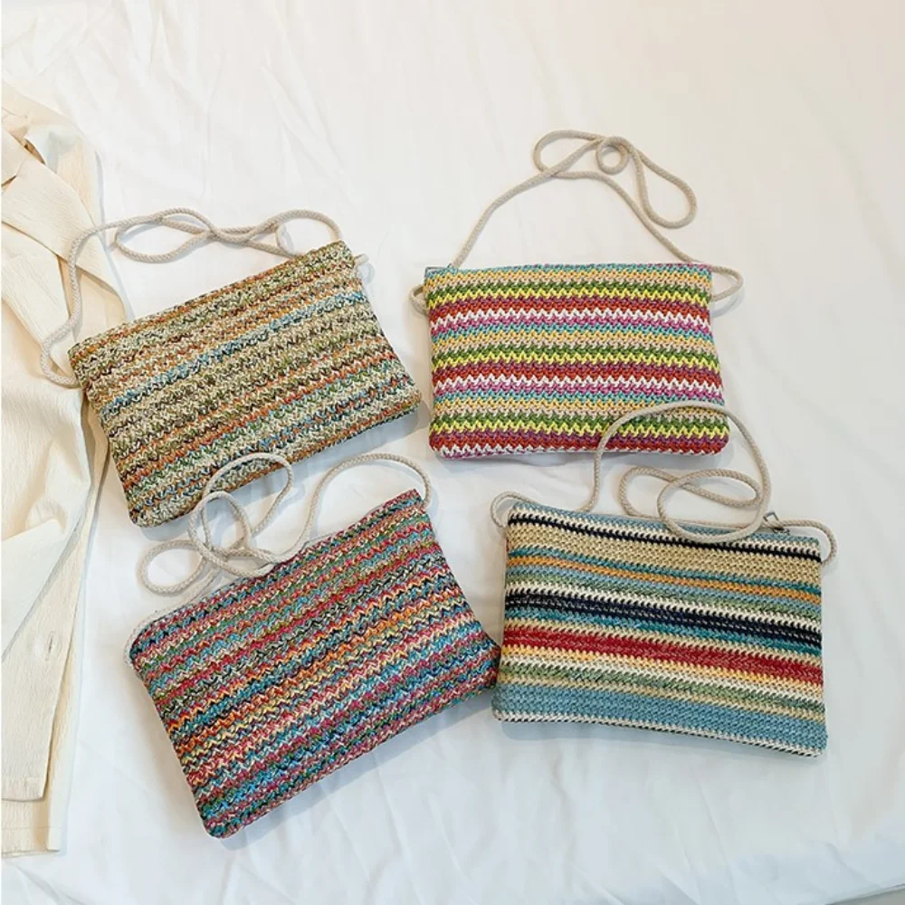 

2024 Модные Цветные тканые клатчи, полосатая соломенная сумка на плечо, тканая сумка, повседневный пляжный кошелек, повседневные клатчи, сумка-конверт