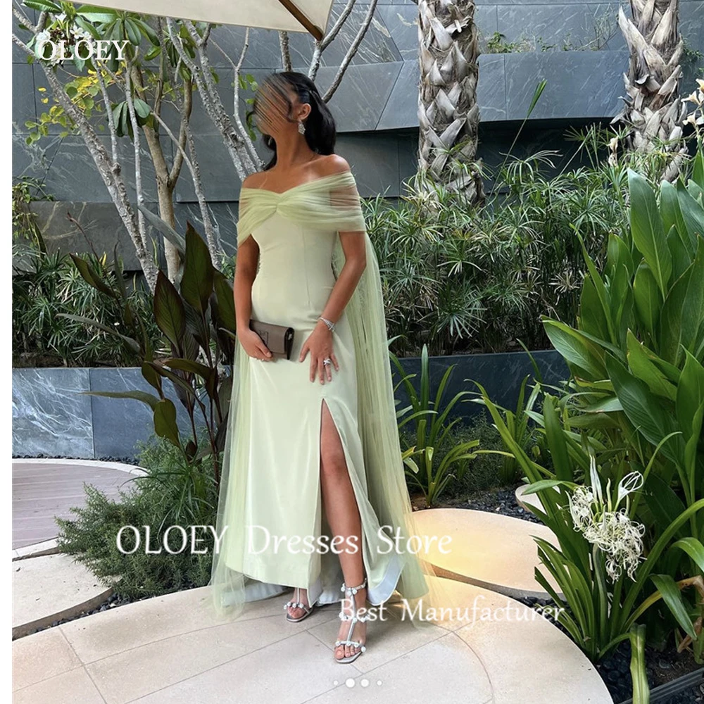 

OLOEY Elegant Sage Green Saudi Arabic Women Evening Dresses Tulle Sleeves Cape Split Ankle Length Prom Gowns Formal Party Dress