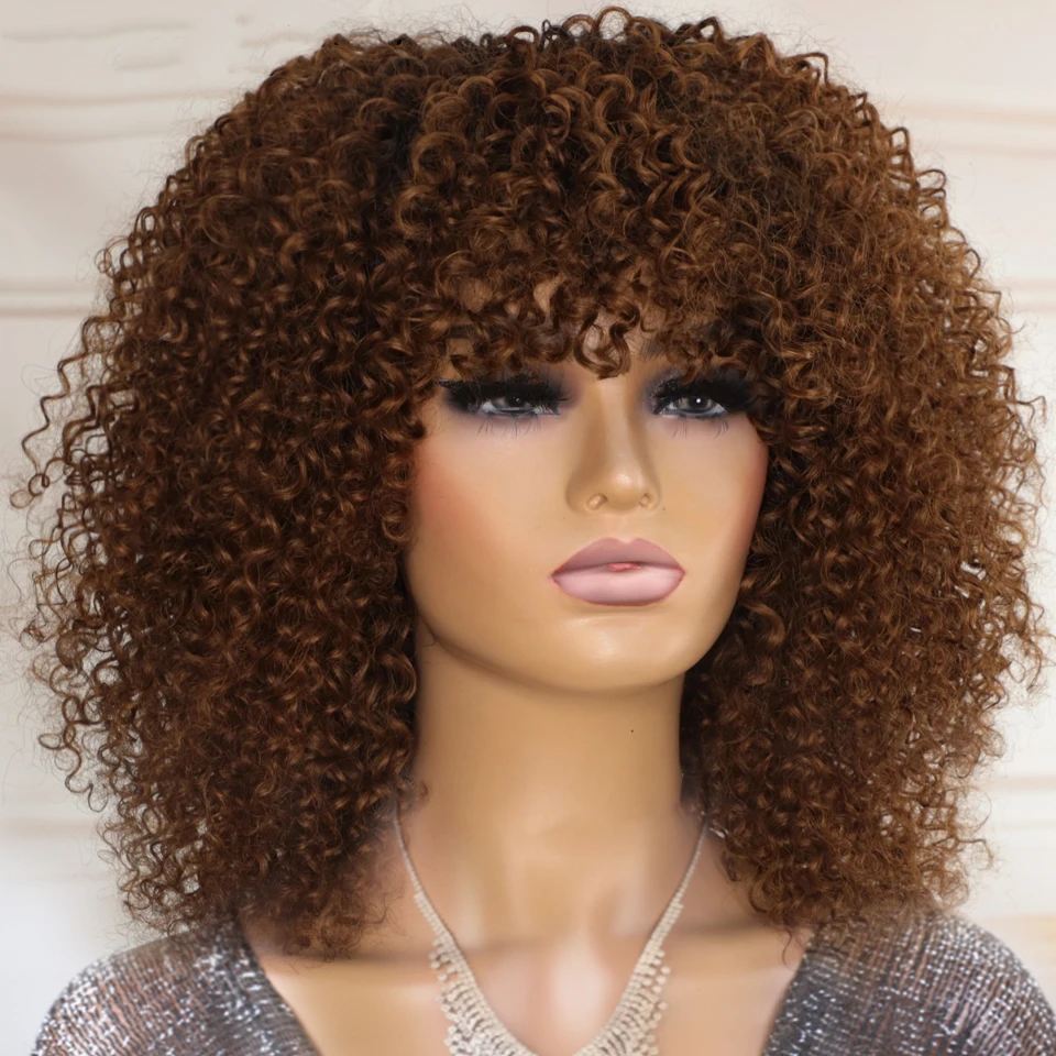

Big Curly Wig With Bangs Short Human Hair Afro Kinky Curly Wig Brown Color Glueless Full Machine Made Wig 250 Density Brazilian
