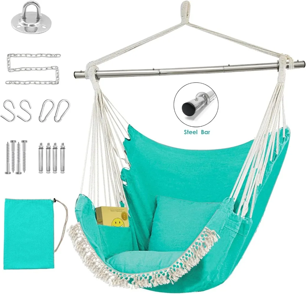 Hammock Swing Chair, Hanging Chair with Pocket, Detachable Steel Support Bar, 500lbs Capacity, Cotton Weave Hammock Chair
Hammock Swing Chair, Hanging Chair with Pocket, Detachable Steel Support Bar, 500lbs Capacity, Cotton Weave Hammock Chair