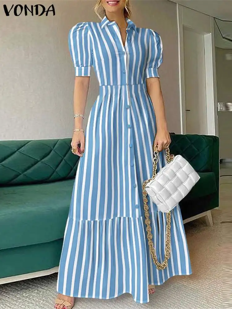 VONDA Elegant Bohemian Striped Dress Women Summer Sexy Puff Sleeve Lapel Long Maxi Sundress Casual Button Office Robe Streetwear
VONDA Elegant Bohemian Striped Dress Women Summer Sexy Puff Sleeve Lapel Long Maxi Sundress Casual Button Office Robe Streetwear