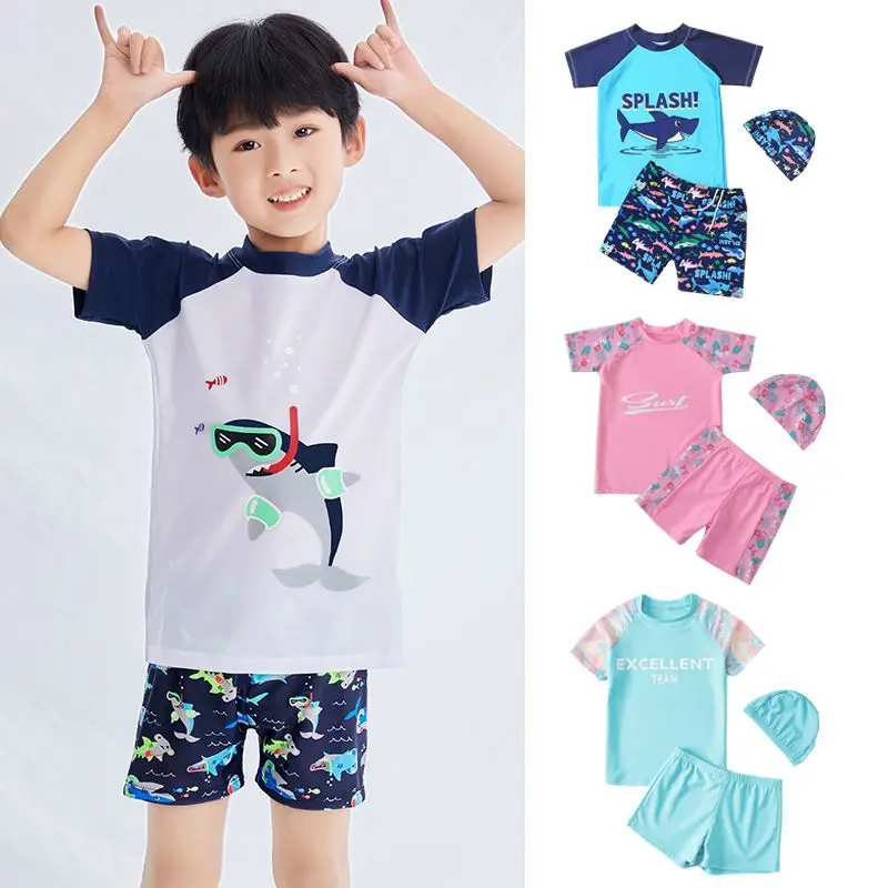 

Новинка 2024, купальник из 3 предметов, детская мультяшная футболка с коротким рукавом, шапка, купальный костюм с динозавром, акулой, детская пляжная одежда, спортивный купальник