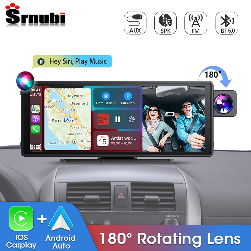 

10.26" Dash Cam Rearview Camera Carplay & Android Auto 4K DVR 180 Rotating Lens Video Recorder Dashboard Dual Len 24H Park AUX