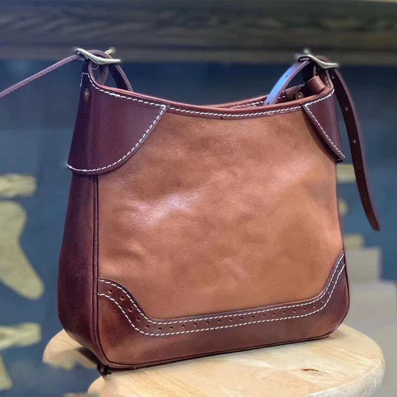 

XHTY Vintage Messenger Bag Hollowed-Out Single-Shoulder Underarm Women's Oil Wax Vegetable Tanning Top Layer Cow Leather Bucket