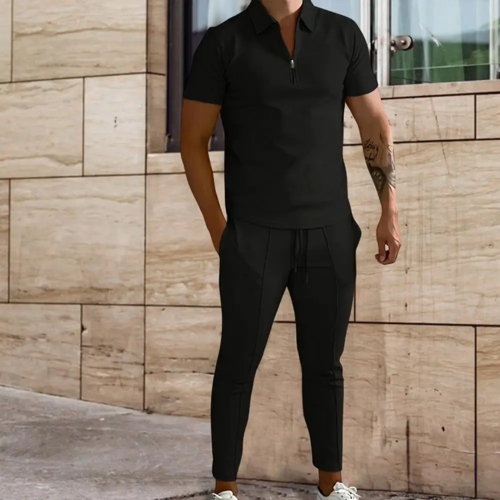 

2 Pcs/Set Tops Pants Suit Lapel Neck Two Piece Suit Short Sleeve Soft Washable Daily Wear Cotton Blend Solid Color Sportswear Su