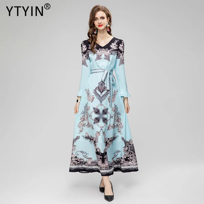 

YTYIN Fashion V-neck Printed Floral Lace-up Color-blocked Long-sleeved Elegant Retro Spring and Summer Long Maxi Party Dresses