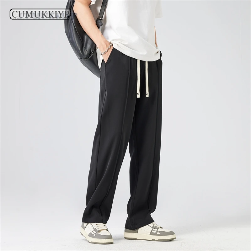 

CUMUKKIYP Casual Pants Men Baggy Loose Wide Leg Straight Streetwear Relaxed-Fit Drawstring Autumn Thin Black Apricot Grey