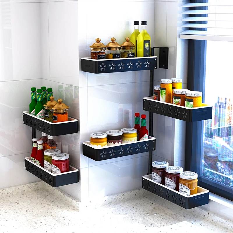 

Multi Use Kitchen Shelf Black Corner Rotating Condiment Rack Hole-free Wall Hanging Multi-function Shelf Saving Space