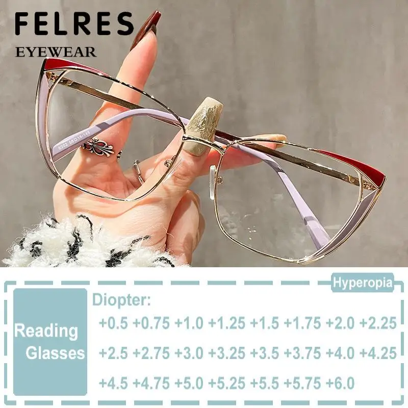 

Fashion Cat Eye Metal Frame Glasses Spring Hinge Eyewear Anti Blue Light Reading Glasses Women Prescription Presbyopia Glasses