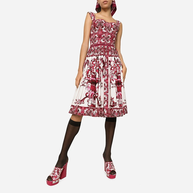 Retro elegant red celadon print medium-length formal dresses burgundy pleated elastic slim backless halter dress 2023 summer new 
Retro elegant red celadon print medium-length formal dresses burgundy pleated elastic slim backless halter dress 2023 summer new