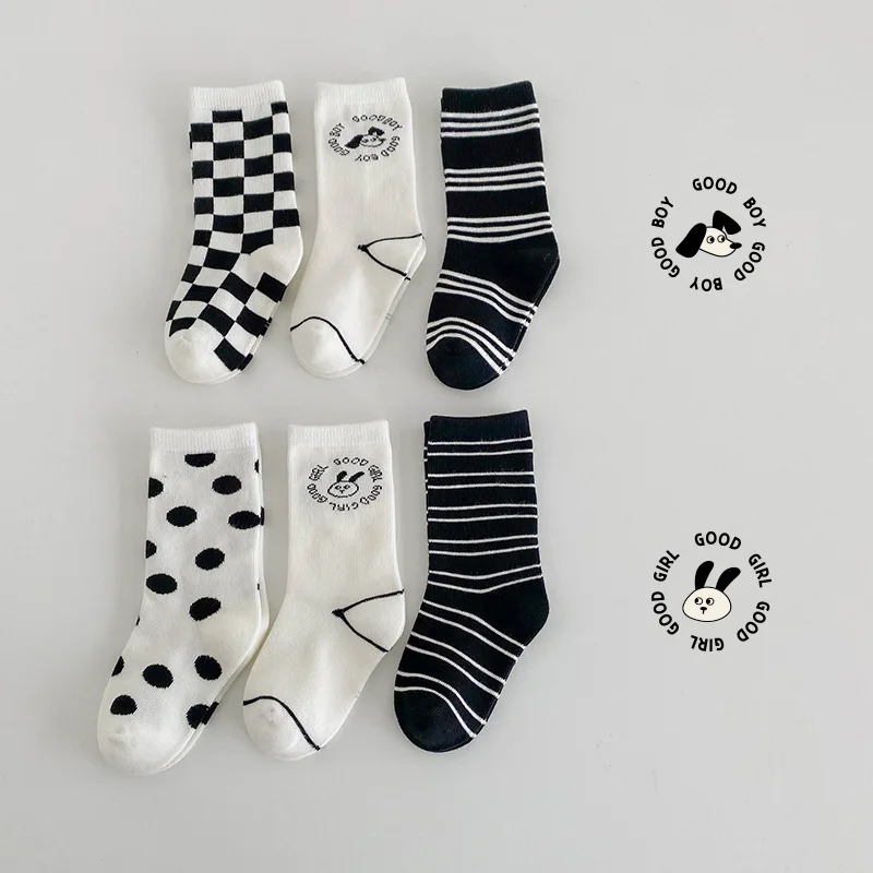 

3-12T Autumn Socks Girls Boys Cotton Socks Kids Black White Striped Polka Dots Socks 3 Pairs