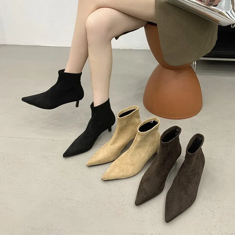 

Boots Women New 2023 Pointe Shoes Rubber Med Black Pointy Autumn Ladies Ankle Low Solid Basic Rome Lace-Up Pointed Toe Flock PU