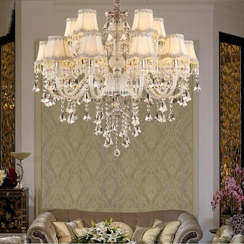 

Traditional K9 Crystal Chandelier 6/8/10/15/18 Arm Living Bedroom Modern Lustres De Cristal Lighting Fixture With Lampshades