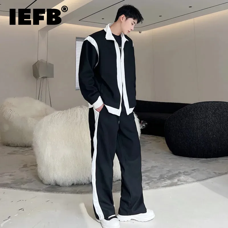 

IEFB Male New Spring Causal Set Stand Collar Double Zipper Loose Men's Jacket Korean Fashion Men Straight Pants Two-piece 9A7263