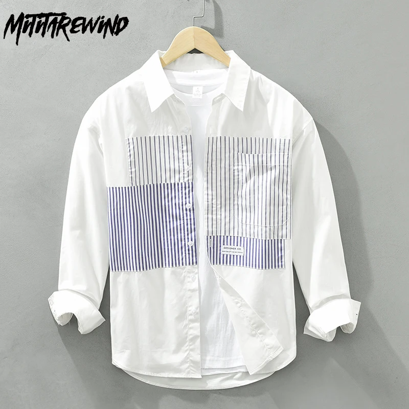 

Fashion New Mens Long Sleeve White Shirts Spring Summer Daily Loose Shirt Causal Pure Cotton Striped Spliced Design Shirt Youth