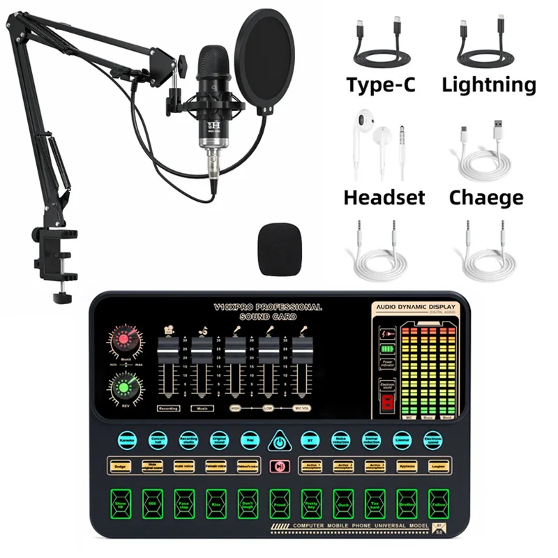 

V10XPro Sound Card Studio Mixer Singing Noise Reduction Microphone Voice BM800 Live Broadcast Phone Computer Record V10X Pro USB