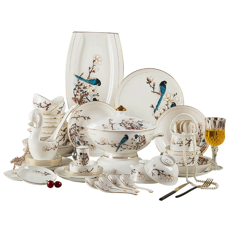 Jingdezhen Bone China 60 tables and plates coated with gold plate set household bright color European style gift giving
Jingdezhen Bone China 60 tables and plates coated with gold plate set household bright color European style gift giving